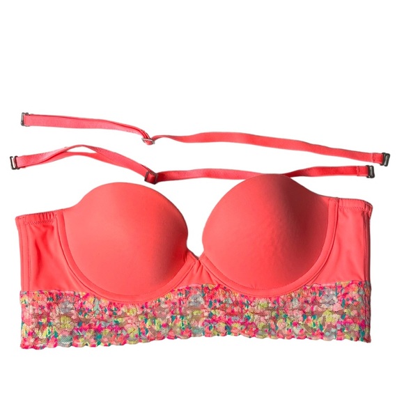 VS PINK Strapless Neon Orange Padded Bustier With Adjustable Straps Bra Size 34B - Picture 1 of 12